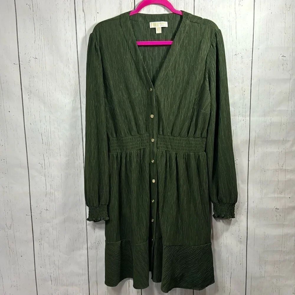 Michael Michael Kors Green Pleated Button Front Long Sleeve Dress XL Preppy
